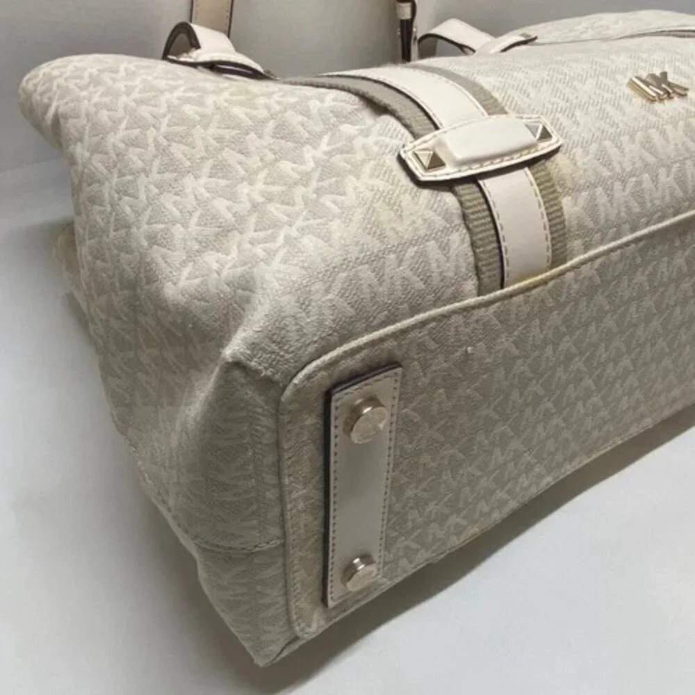 Michael Kors Griffin Large Logo Tote Natural Jacqard Canvas Leather Trim GUC‎